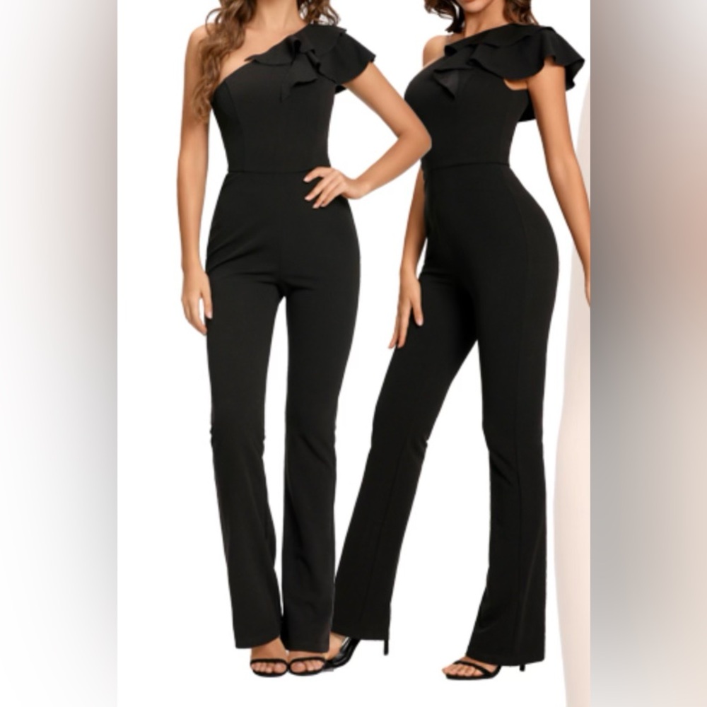 SUGAR POISON Elegant Sleeveless Black Ruffle One Shoulder Jumpsuit‎ SZ L